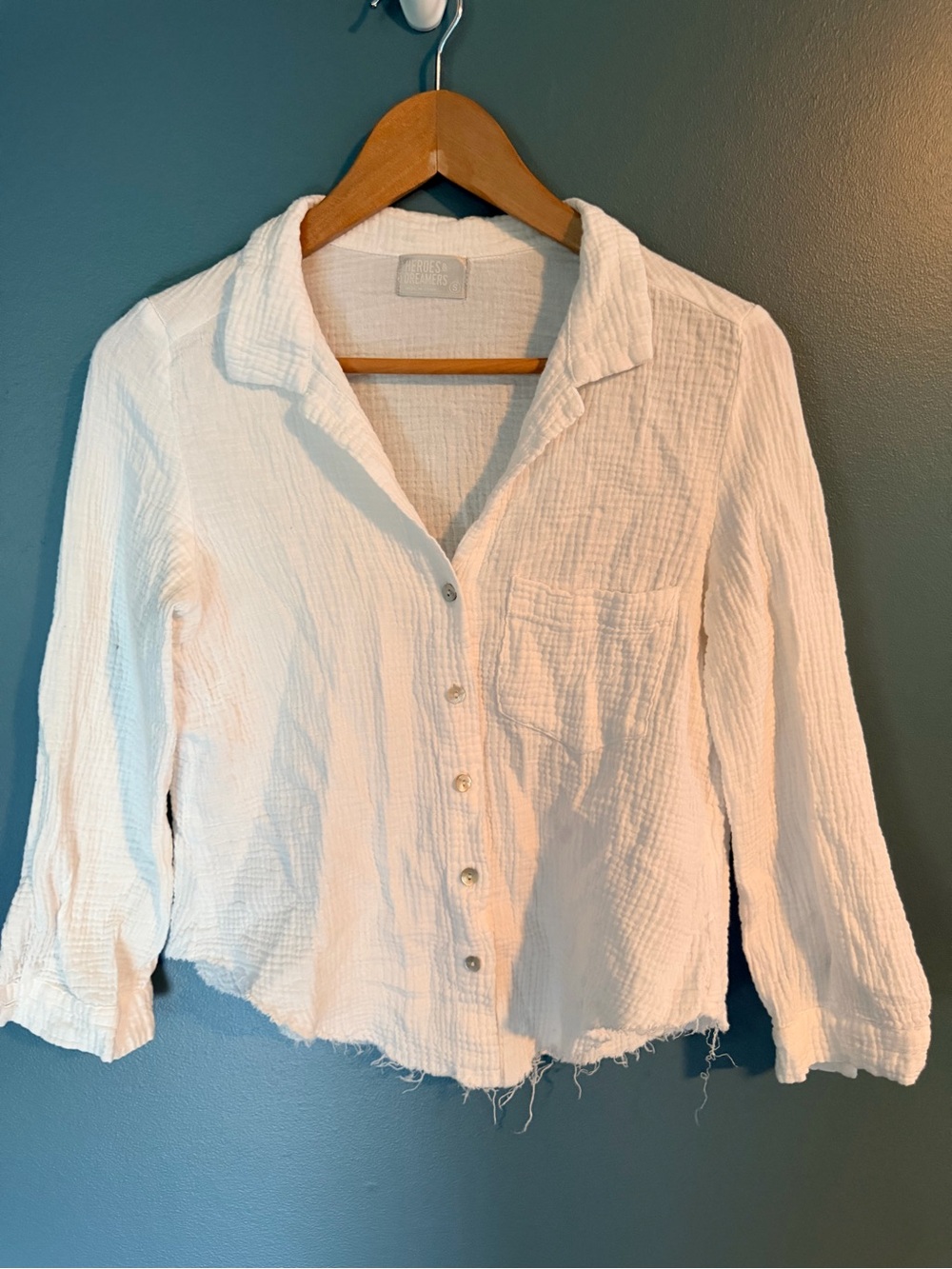 White Gauze Button-Down Shirt Small Lightweight 100% Cotton Longsleeve Raw Hem